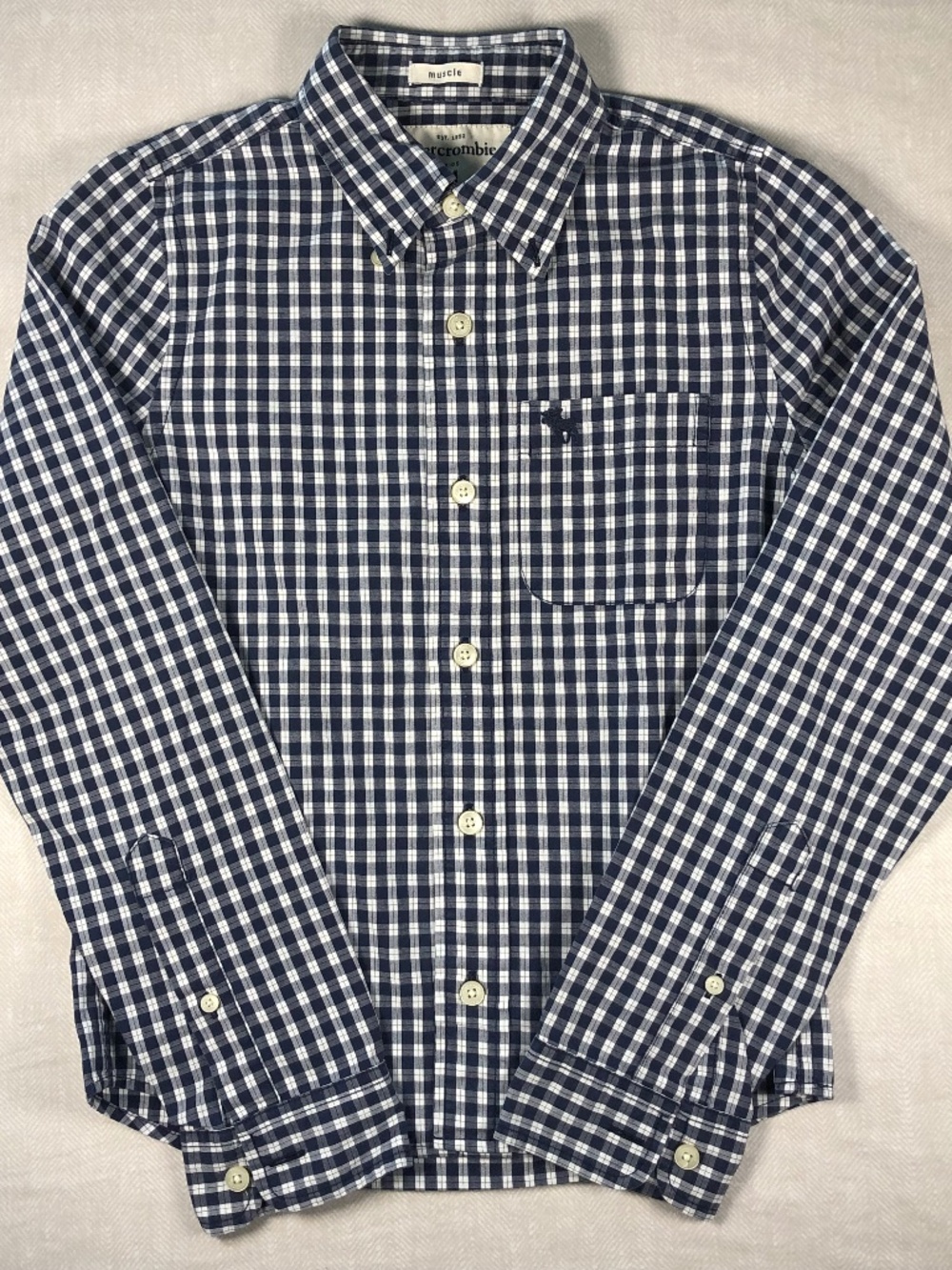 Abercrombie Kids Navy Gingham Button Down Shirt Size M Moose Logo